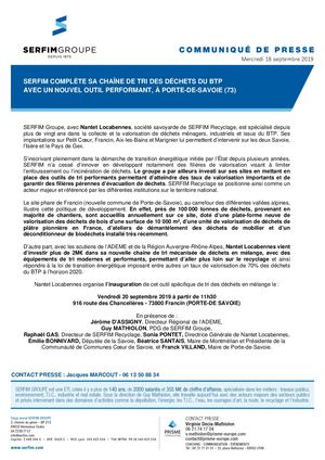 COMMUNIQUÉ - SERFIM COMPLÈTE SA CHAÎNE DE TRI DES DÉCHETS DU BTP AVEC UN NOUVEL OUTIL PERFORMANT À PORTE-DE-SAVOIE (73)