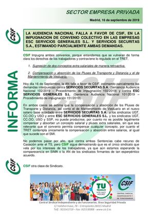 Nota Informativa Sentencia Audiencia Nacional para Esc Servicios y Sevicioa Securitas (16.09.2019)