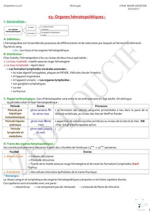 Histologie Organes Hématopoiétique