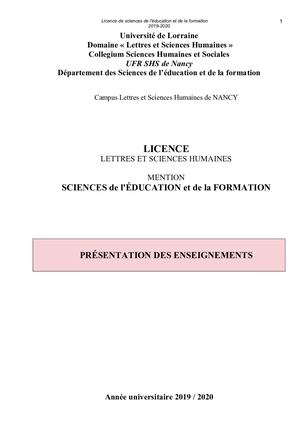 Fascicule Sciences de l'éducation 2019 2020