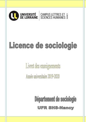 Livret Licence Sociologie 2019 2020