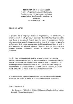 1C - Cour Suprême de Madagascar - Loi N° 2004 036 Du 1er Octobre 2004 Relative à L'organisation De La Cour Suprême à Madagascar