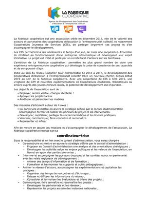 Offre d'emploi Coordinateur(rice) La Fabrique coopérative