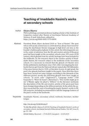 Teaching of Imaddadin Nasimi’s works at secondary schools.Elnara Aliyeva