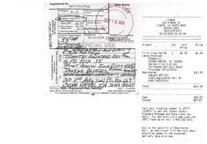 Registered Mail of "Affidavit of Truth,  NOTICE OF NO CIVIL DISPUTE,  And Acceptance for Value;  Rights and Defences in accord with  U.C.C. § 1-202, U.C.C. § 3-305, U.C.C. § 3-501, U.C.C. § 3-505" sent on 9-10-2019.