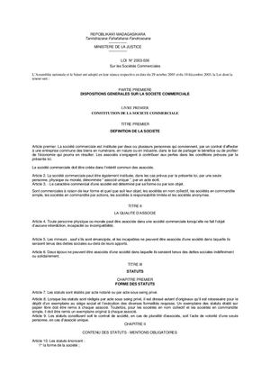 1F - Madagascar - Societe Commerciales Loi N 2003 036 30012004