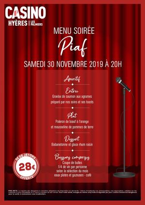 A4 Menu - Dîner spectacle Piaf - casino Hyeres - 30/11/19 - Prix Web
