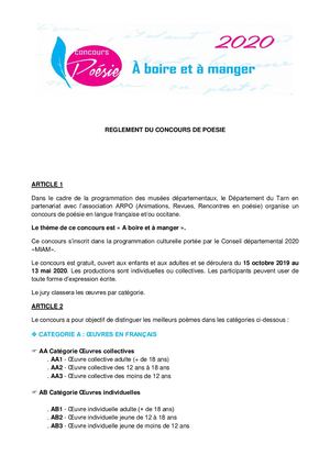 Concours poésie 2020 A boire et à manger - Règlement