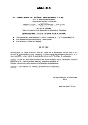 1D - La Constitution De La République De Madagascar -  Décembre 2010