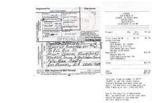 U.S.P.S. Registered Mail of "Affidavit of Truth,  And Acceptance for Value;  Rights and Defences in accord with  U.C.C. § 1-202, U.C.C. § 3-305, U.C.C. § 3-501, U.C.C. § 3-505" sent to “IOWADOT, Driver & Identification Service”, sent on October 25th, 2019