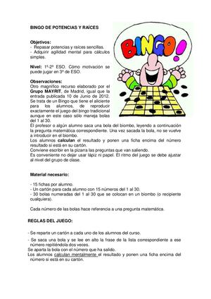 Bingo de potencias y raíces