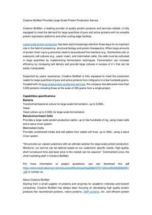 Creative Bio Mart Provides Large Scale Protein Production Service