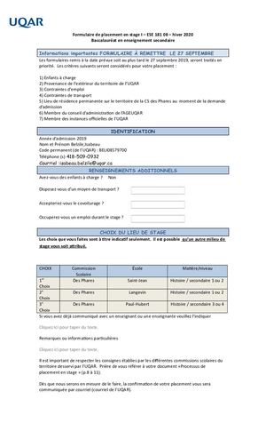 Formulaire De Placement En Stage I