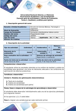 Guia De Actividades Y Rúbrica De Evaluación Tarea 2 Dualidad Y Análisis Post óPtimo (1)