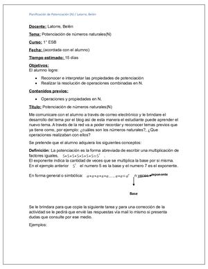 Planificación de clase, tema: potenciación (N)