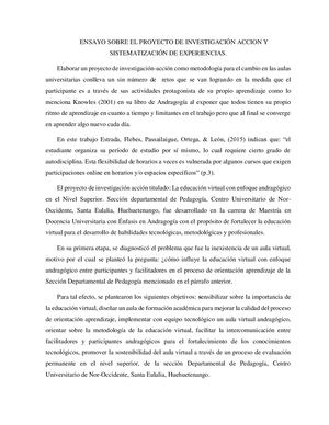 Ensayo Sobre El Proyecto De Investigación Accion Y Sistematización De Experiencias Lic Miguel A Matías L