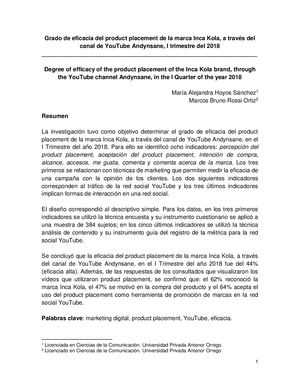 Grado de eficacia del product placement de una marca, a través de un canal de YouTube