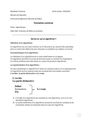 Algorithmique Mathématiques Formation Continue 2019