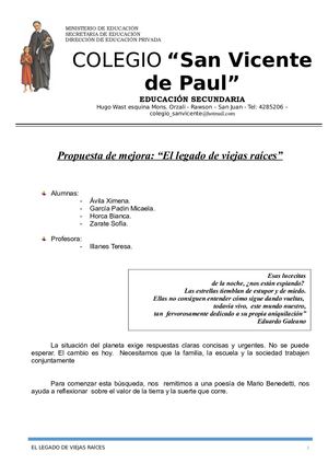 Propuesta El Legado De Viejas Raíces- Colegio San Vicente De Paúl