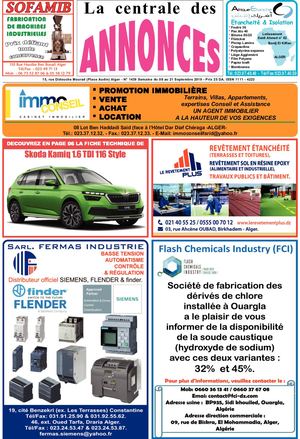 La Centrale des Annonces N° 1439 Semaine du 08 au 21 Septembre 2019 - Prix 25 DA. ISSN 1111 - 4223