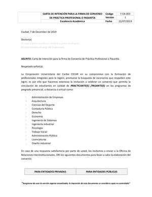 Cartade Intencion Para La Firma Deconveniode Practica Profesionalo Pasantia V2