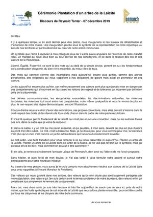 Arbre de la Laïcité - Discours de Raynald Tanter