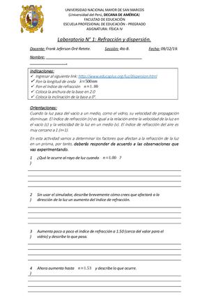 Laboratorio No 1 Refracción Y Dispersión