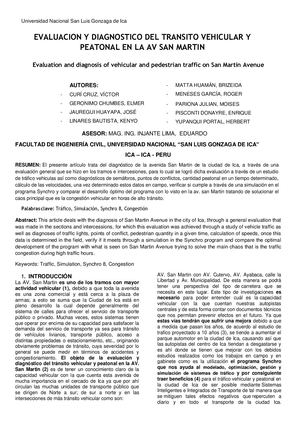 EVALUACION Y DIAGNOSTICO DEL TRANSITO VEHICULAR Y PEATONAL EN LA AV SAN MARTIN