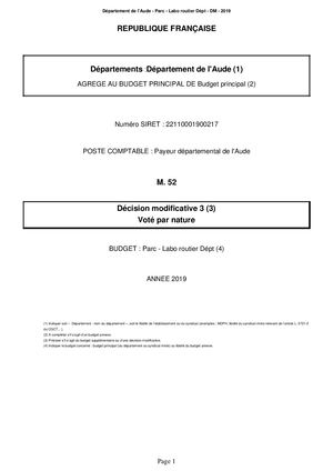 Budget du conseil départemental de l'Aude 2019 - décision modificative n°3 - Parc