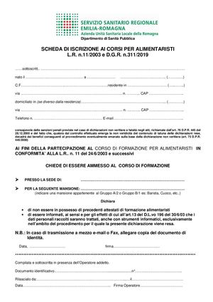 Modulo Ausl Iscrizione Corso Di Formazione Alimentaristi 08 Ott 2019