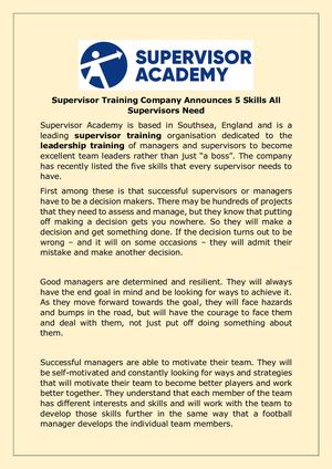 Supervisor Training Company Announces 5 Skills All Supervisors Need