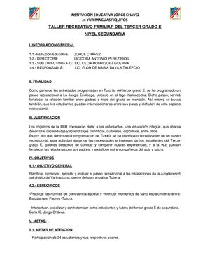 Plan De Paseo Recreacional Del Tercer Grado E