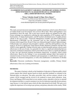 Classroom Management Variables And Primary School System Effectiveness