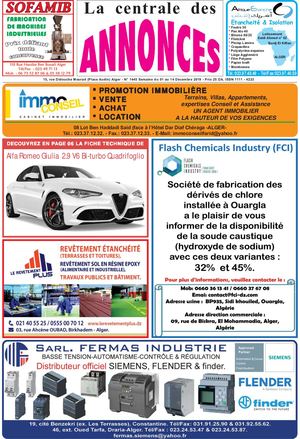 La Centrale des Annonces  N° 1445 Semaine du 01 au 14 Décembre 2019 - Prix 25 DA. ISSN 1111 - 4223