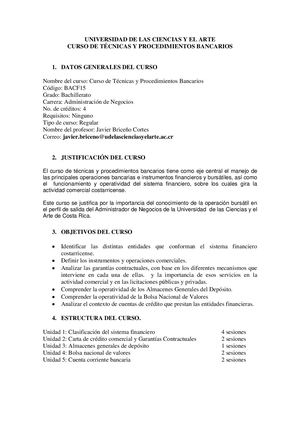 Programa De Estudios Curso De Tecnicas Y Procedimientos Bancarios I Cuatrimestre 2020