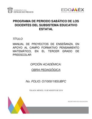 MANUAL DE PROYECTOS DE ENSEÑANZA, EN APOYO AL CAMPO FORMATIVO DE PENSAMIENTO MATEMÁTICO, EN EL TERCER GRADO DE PREESCOLAR