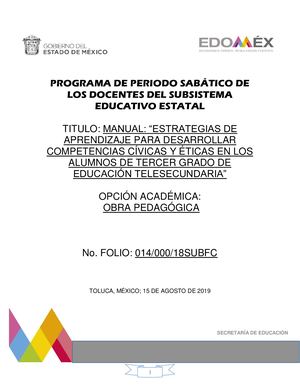 MANUAL: ESTRATEGIAS DE APRENDIZAJE PARA DESARROLLAR COMPETENCIAS CÍVICAS Y  ÉTICAS EN LOS ALUMNOS DE TERCER GRADO DE EDUCACIÓN TELE SECUNDARIA