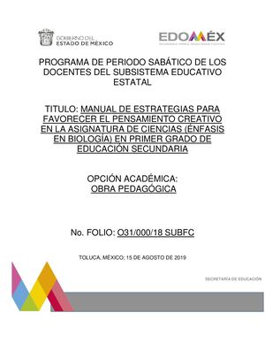 MANUAL DE ESTRATEGIAS PARA FAVORECER EL PENSAMIENTO CREATIVO EN LA ASIGNATURA DE CIENCIAS (ÉNFASIS EN BIOLOGÍA) EN PRIMER GRADO DE EDUCACIÓN SECUNDARIA
