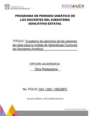 "CUADERNO DE EJERCICIOS DE LAS SESIONES DE CLASE PARA LA UNIDAD DE APRENDIZAJE CURRICULAR DE GEOMETRÍA ANALÍTICA