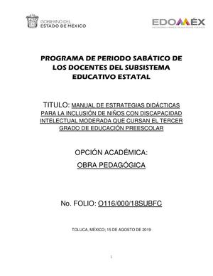 MANUAL DE ESTRATEGIAS DIDÁCTICAS PARA LA INCLUSIÓN DE NIÑOS CON DISCAPACIDAD INTELECTUAL MODERADA QUE CURSAN EL TERCER GRADO DE EDUCACIÓN PREESCOLAR