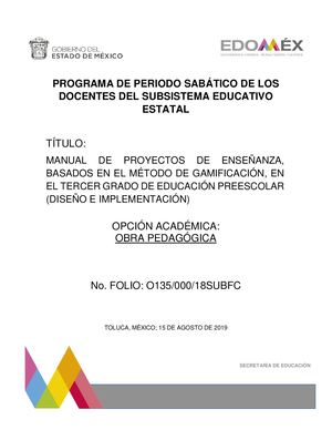MANUAL DE PROYECTOS DE ENSEÑANZA, BASADOS EN EL MÉTODO DE GAMIFICACIÓN, EN EL TERCER GRADO DE EDUCACIÓN PREESCOLAR