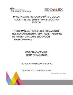 MANUAL PARA EL REFORZAMIENTO DEL PENSAMIENTO MATEMÁTICO EN ALUMNOS DE PRIMER GRADO DE EDUCACIÓN TELESECUNDARIA