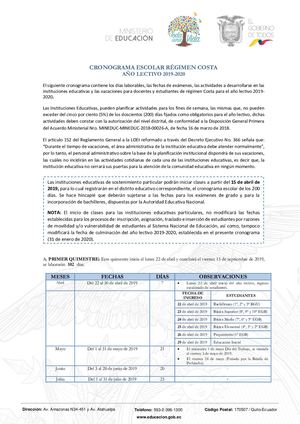 Cronograma Escolar Costa 2019 2020 General