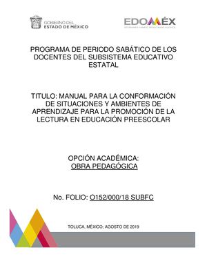 MANUAL PARA LA CONFORMACIÓN DE SITUACIONES Y AMBIENTES DE APRENDIZAJE PARA LA PROMOCIÓN DE LA LECTURA EN EDUCACIÓN PREESCOLAR