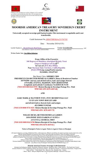 B & G Moorish American Treasury Sovereign Credit Instrument