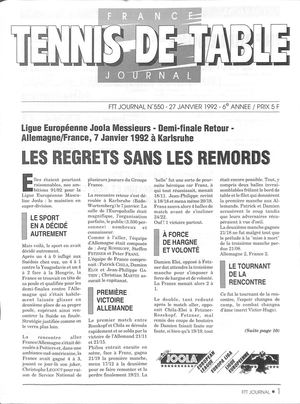 1992 01 550 FRANCE TENNIS DE TABLE JOURNAL