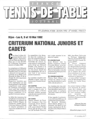 1992 05 558 FRANCE TENNIS DE TABLE JOURNAL
