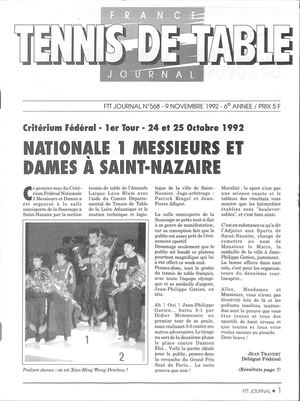 1992 11 568 FRANCE TENNIS DE TABLE JOURNAL