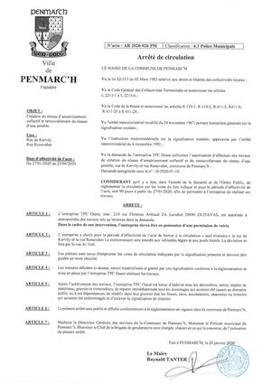 Arrêté municipal rue Kervily et rue Runavalen - Assainissement collectif et renouvellement du réseau d'eau potable