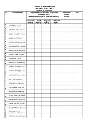 Concurso De Deletreo En Inglés Ficha De Evaluacion